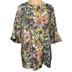 BAKU Tropical Floral Blouse 3/4 Sleeve Ruffle Cuffs Jewel Neck Vibrant Print L